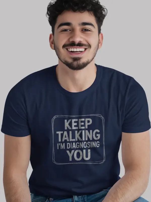 Navy Shirt worn in classroom setting, funny psychologist t-shirt, lifestyle view
