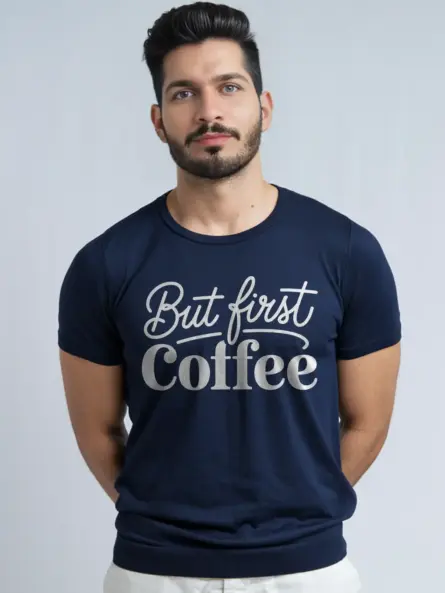Front of navy but first coffee shirt for caffeine addicts