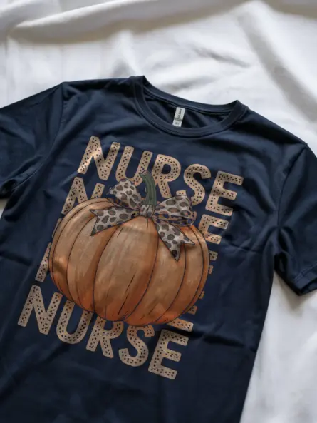 Pumpkin Nurse Shirt – Trendy Fall Tee with Leopard Bow Design - Image 9