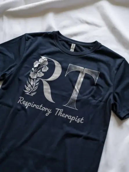 Navy respiratory therapist t-shirt lifestyle shot – stylish healthcare shirt for respiratory therapists