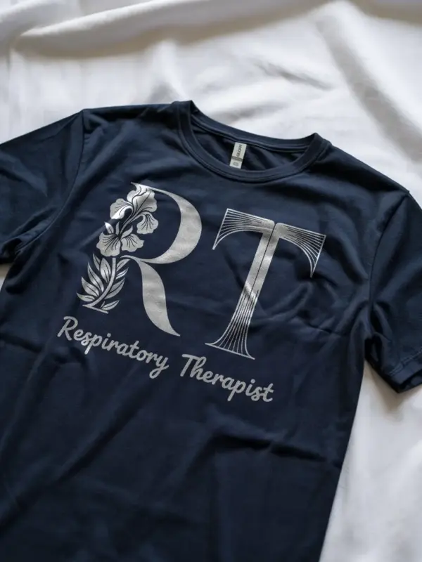 Navy respiratory therapist t-shirt lifestyle shot – stylish healthcare shirt for respiratory therapists