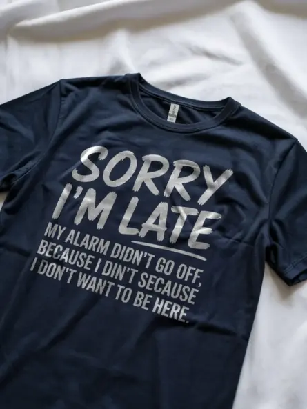 Navy lifestyle shot – Sorry I’m Late quote – sarcastic sleeping t-shirt for guys