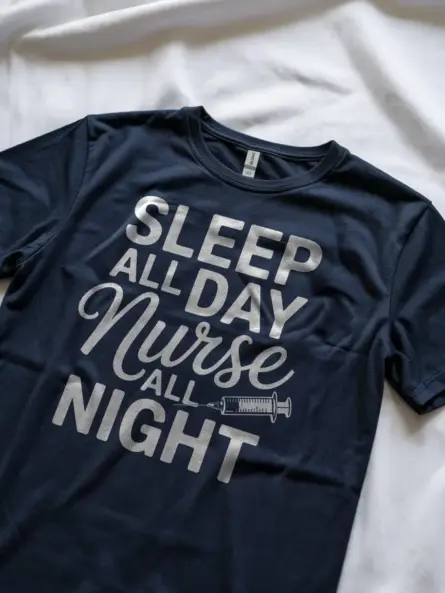 Navy sleep all day nurse all night t-shirt front view funny sleep all day nurse shirt with syringe