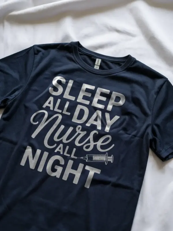 Navy sleep all day nurse all night t-shirt front view funny sleep all day nurse shirt with syringe
