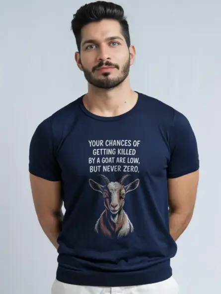 Navy shirt – dark humor goat meme tee with goat illustration
