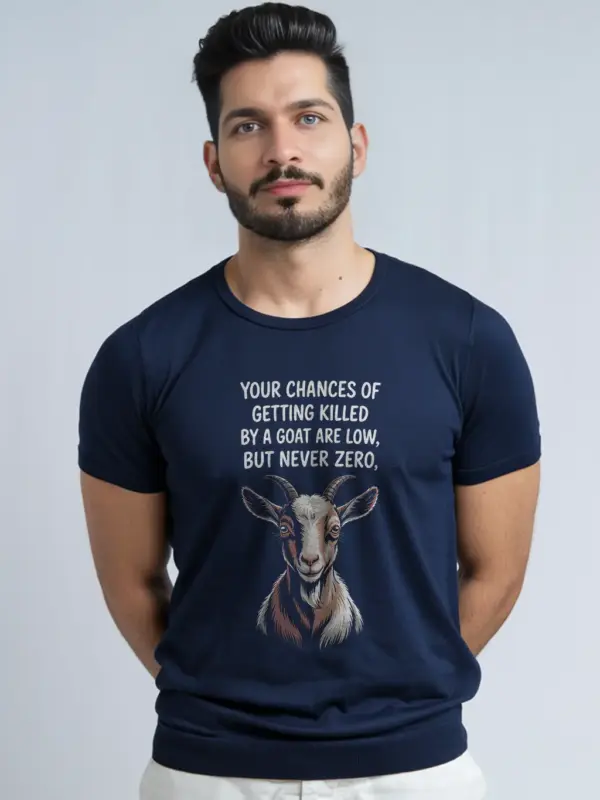 Navy shirt – dark humor goat meme tee with goat illustration