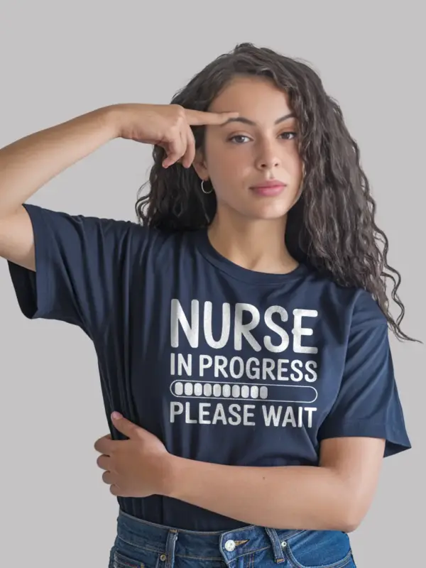 Lifestyle shot of navy nurse in progress t-shirt worn on campus