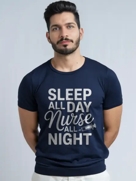 Navy sleep all day nurse all night t-shirt lifestyle shot – nursing student tee