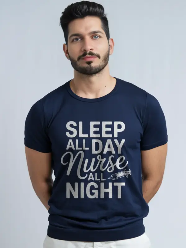 Navy sleep all day nurse all night t-shirt lifestyle shot – nursing student tee