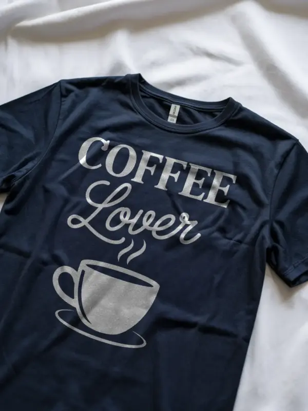 Navy affordable coffee lover tee with Better Coffee! LESS Bucks! design lifestyle view