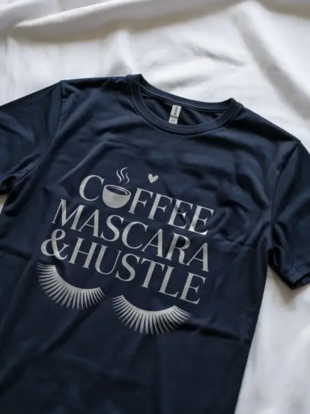 Navy lifestyle shot of motivational coffee shirt for women