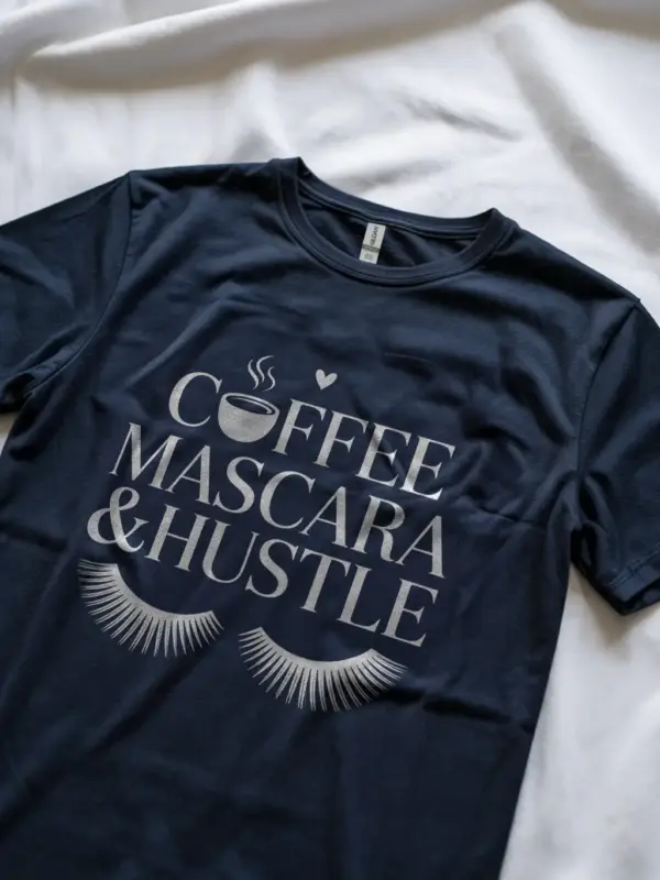 Navy lifestyle shot of motivational coffee shirt for women