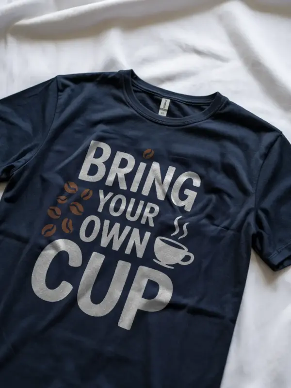 navy shirt showing bring your own cup message for eco lovers