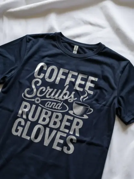 Navy Lifestyle Healthcare Worker Tee with Coffee and Scrubs Theme