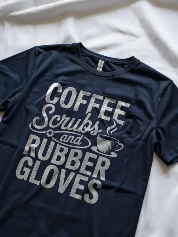 Navy Lifestyle Healthcare Worker Tee with Coffee and Scrubs Theme