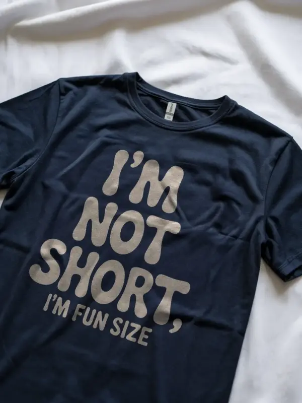 Navy Shirt worn by confident petite woman, fun size t-shirt for short women, lifestyle shot