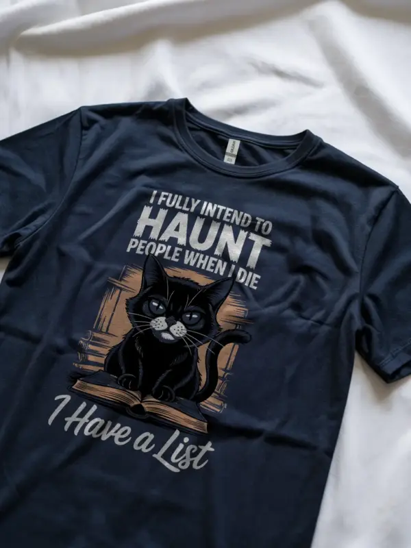 Navy Shirt haunting quote cat graphic, funny haunted cat t-shirt