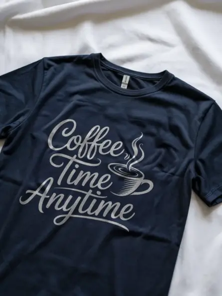Navy lifestyle image of coffee lover shirt with coffee cup graphic