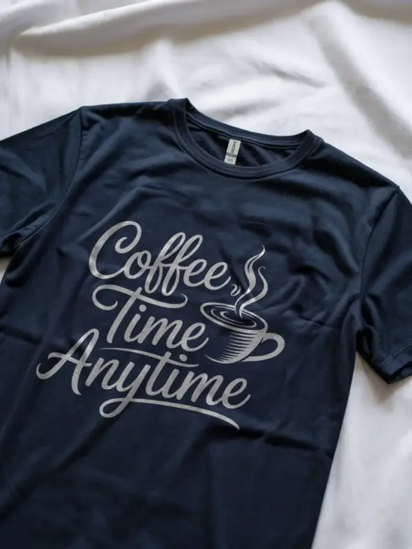 Navy lifestyle image of coffee lover shirt with coffee cup graphic