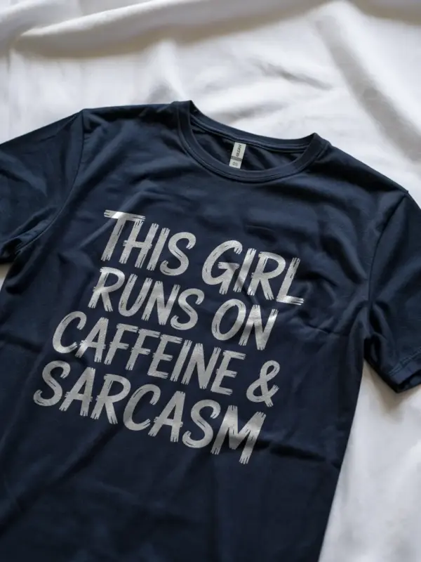 Navy Shirt This Girl Runs on Caffeine & Sarcasm caffeine and sarcasm t-shirt for women lifestyle shot