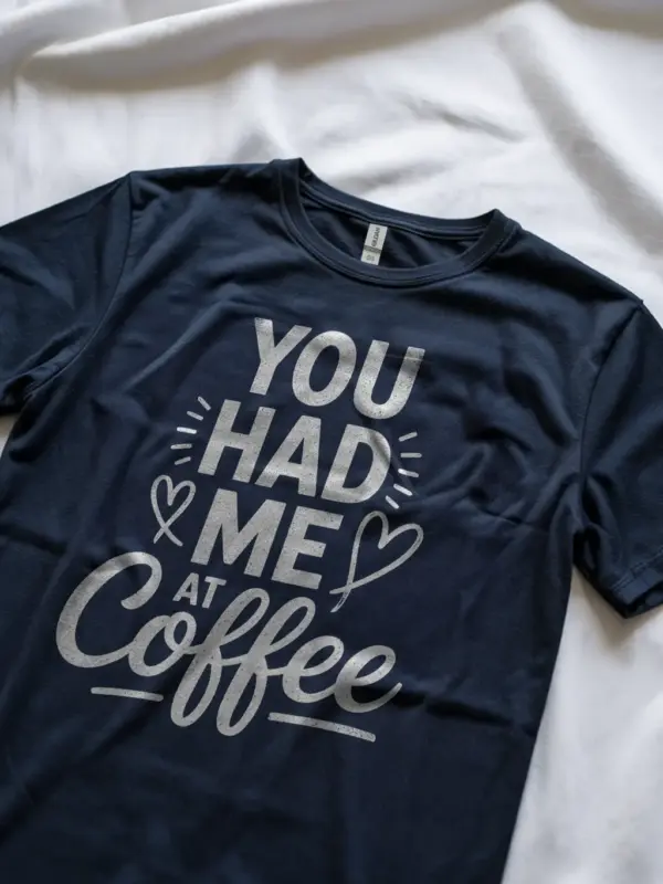 Navy lifestyle shot – stylish modern coffee quote shirt