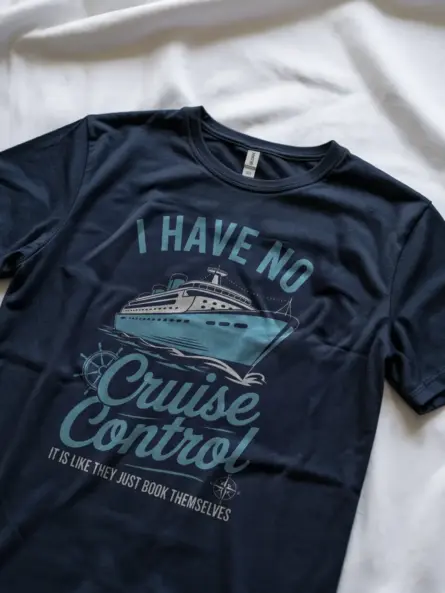 Navy Shirt styled for sea travel, cruise couple t-shirt, lifestyle view