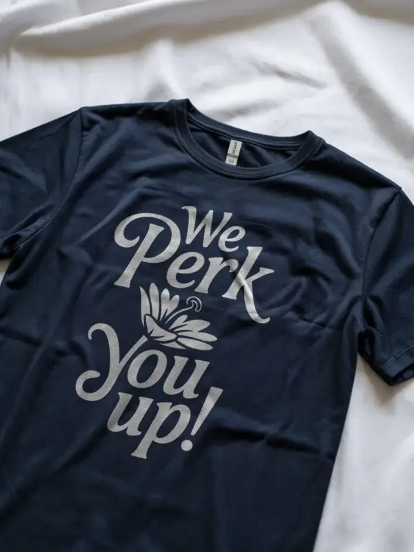 Navy Shirt "We PERK You Up!" perk up coffee t-shirt
