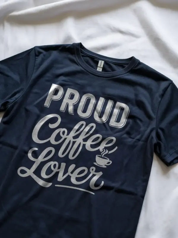 Navy t-shirt rear with white text – proud coffee lover t-shirt