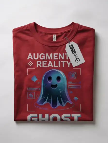 Front view red flatlay Augmented Reality Ghost T-Shirt AR Halloween