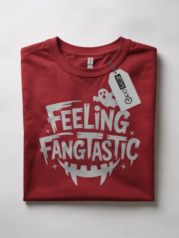 Front view red flatlay Feeling Fangtastic Halloween T-Shirt for pun lovers