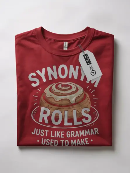 red flatlay synonym rolls pun shirt front view funny synonym rolls t-shirt