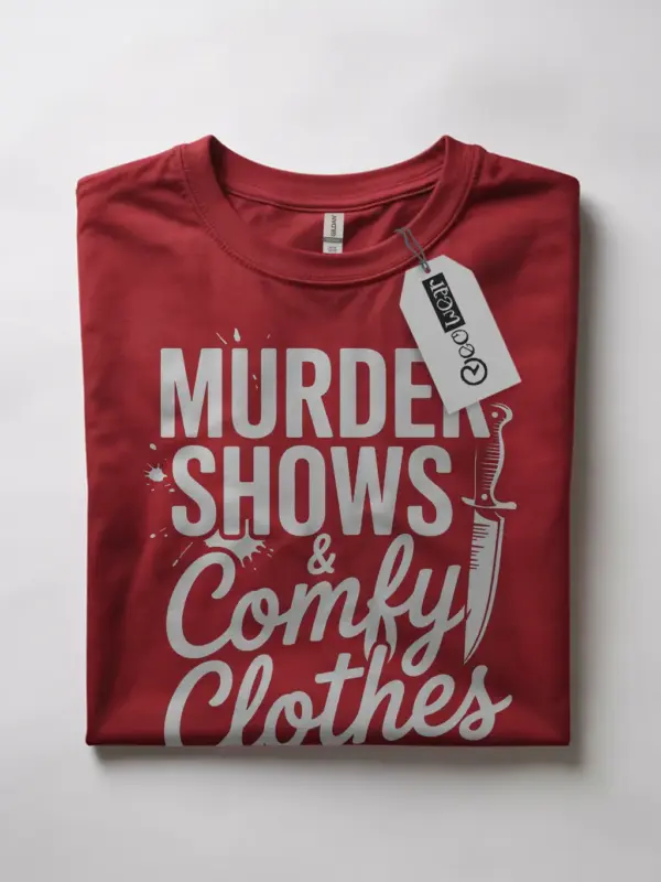 Front view red flatlay shirt murder shows and comfy clothes t-shirt