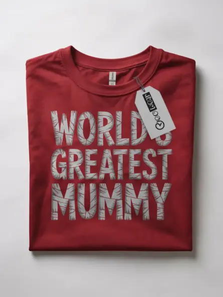 red flatlay Shirt Front View – World’s Greatest Mummy – funny mummy Halloween mom t-shirt