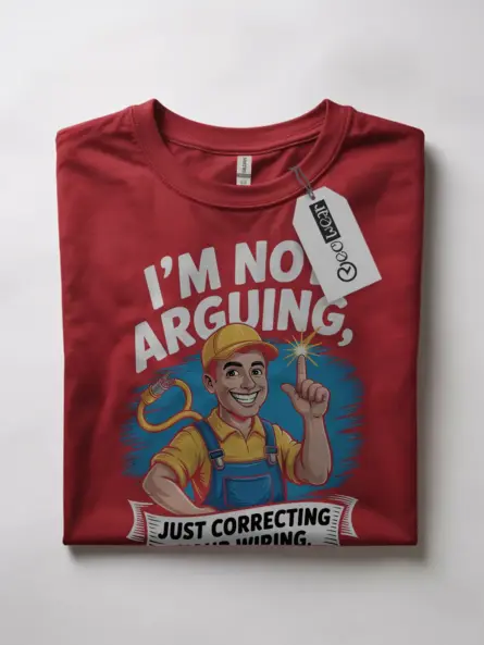 red flatlay shirt text close-up funny electrician t-shirt for men slogan