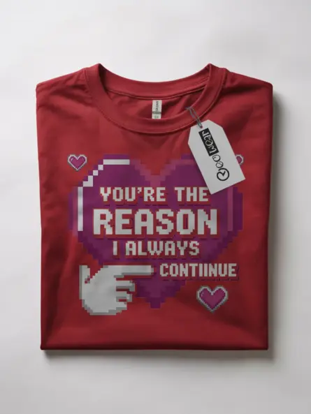 Pixel Art Gamer Couple T-Shirt – “You're The Reason” Retro 8-Bit Heart Tee - Image 7