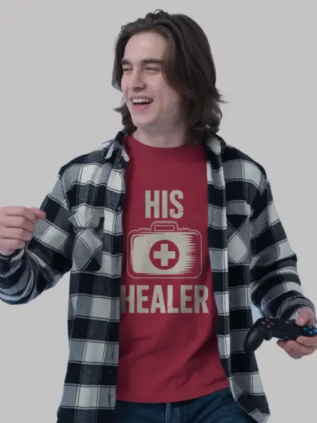 His Healer Gamer T-Shirt | Matching Co-Op Gaming Couple Tee with Vintage Medical Kit Design - Image 9