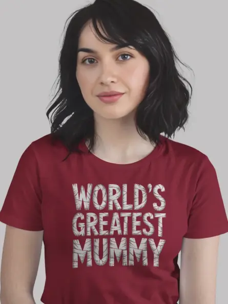 red Lifestyle Shot – World’s Greatest Mummy – funny mummy Halloween mom t-shirt