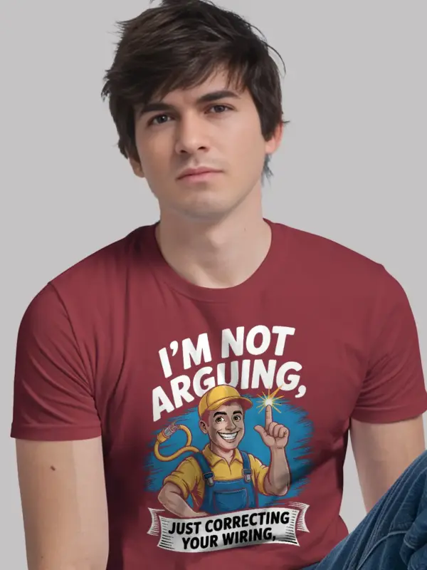 red shirt front cartoon electrician with spark funny electrician t-shirt for men