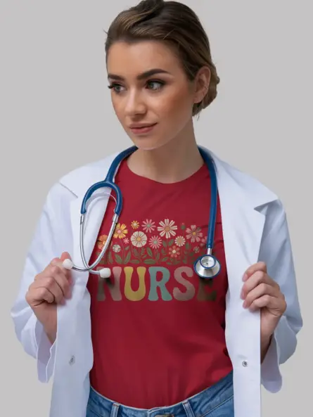 red Front View Cute Vintage Nurse Shirt with Flowers