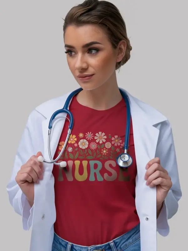 red Front View Cute Vintage Nurse Shirt with Flowers