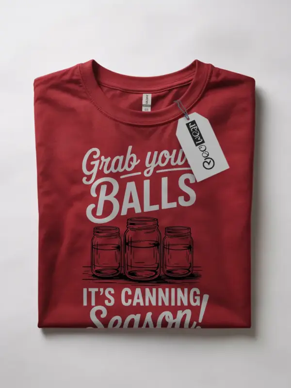 Red funny canning season shirt lifestyle photo for homesteaders