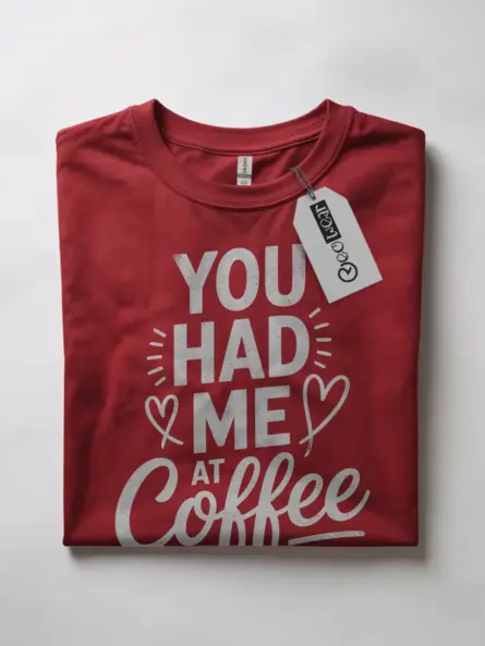 Red shirt front view – “You Had Me at Coffee” phrase – barista gift idea t-shirt