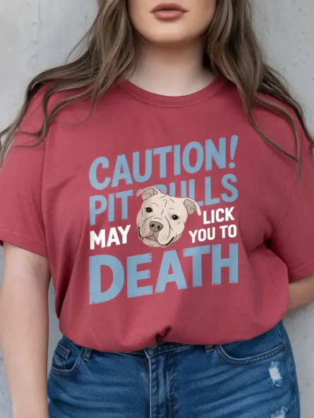 Caution Funny Pitbull Licking T-Shirt for Dog Lovers - Image 2