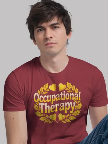 red shirt front view – heart wreath and OT phrase – occupational therapy student shirt