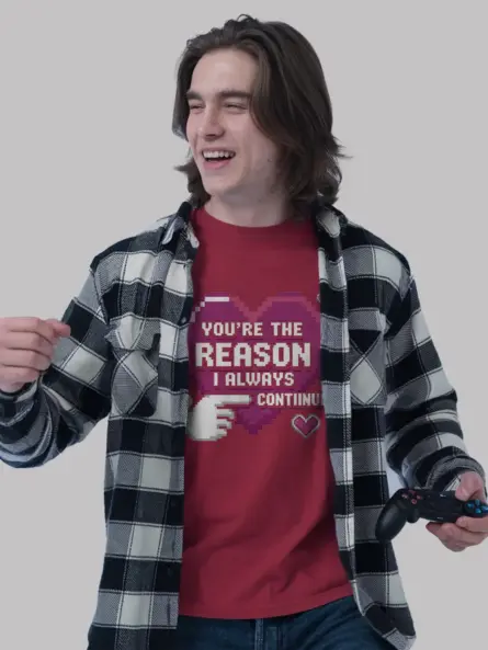 Pixel Art Gamer Couple T-Shirt – “You're The Reason” Retro 8-Bit Heart Tee - Image 9