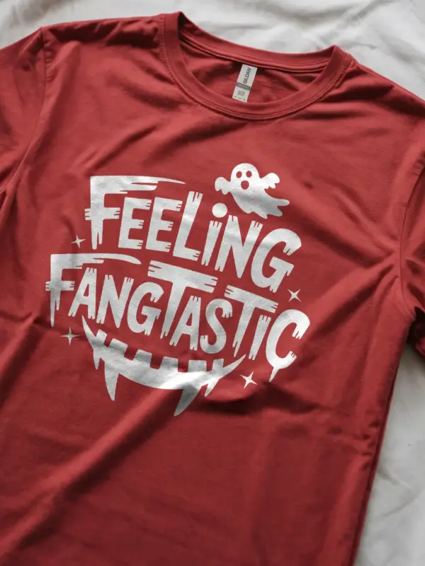red Lifestyle shot Feeling Fangtastic Halloween T-Shirt with fangs