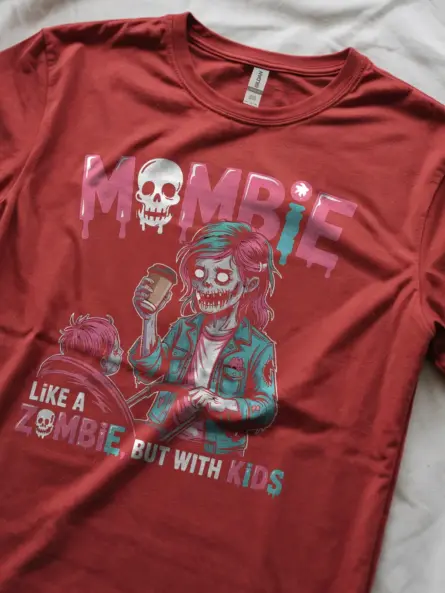 red lifestyle shot – Halloween mom tee with stroller – mombie t-shirt for moms