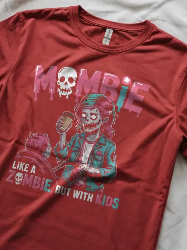 red lifestyle shot – Halloween mom tee with stroller – mombie t-shirt for moms
