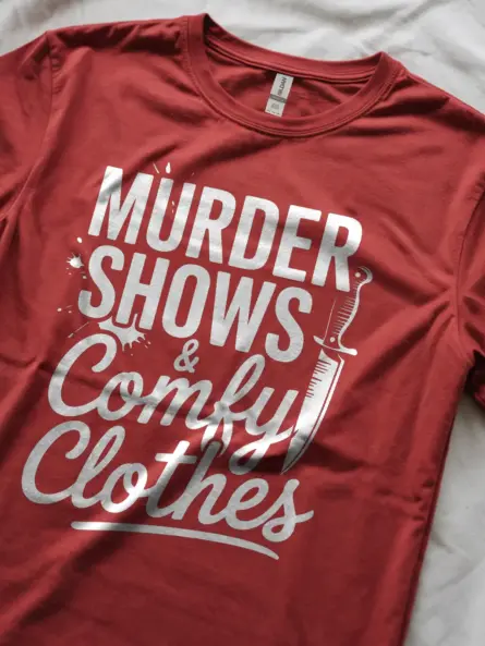 red Lifestyle shot shirt murder shows and comfy clothes t-shirt