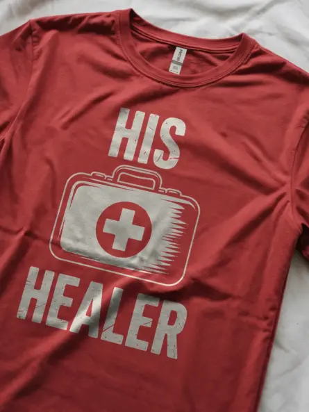 His Healer Gamer T-Shirt | Matching Co-Op Gaming Couple Tee with Vintage Medical Kit Design - Image 8